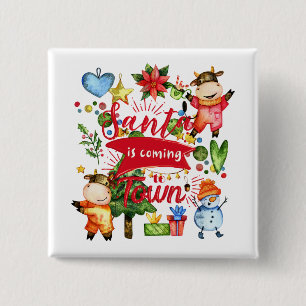 Kerstman komt naar de stad - Schattige koeien kers Vierkante Button 5,1 Cm