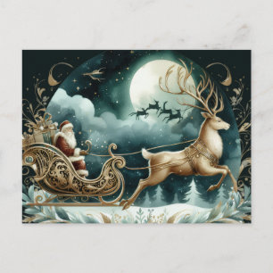 Kerstman komt op een herten slee Goud Briefkaart
