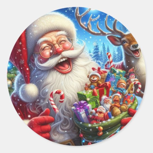 Kerstman lachen snoepriet rendieren ronde sticker (Voorkant)