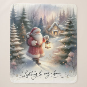 Kerstman Lantaarn Wandel Winter Cottage Scene Sherpa Deken