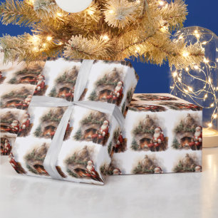 Kerstman leest brieven bij de open haard Kerstboom Cadeaupapier