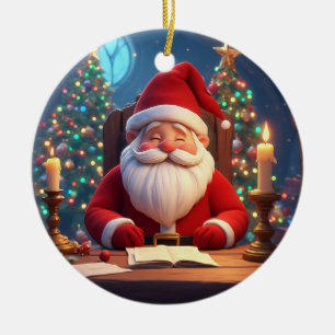 Kerstman leest een boek bij kaarslicht keramisch ornament