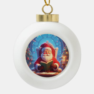 Kerstman leest een boek bij kaarslicht keramische bal ornament