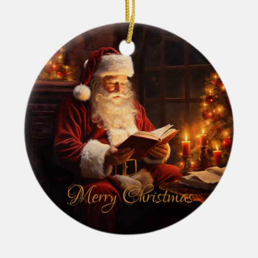  Kerstman leest een boek Keramisch Ornament (Voorkant)