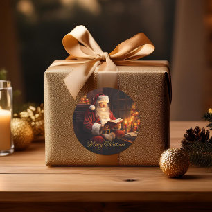 Kerstman leest een boek Ronde Sticker