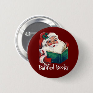 Kerstman leest verboden boeken ronde button 5,7 cm