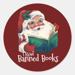 Kerstman leest verboden boeken ronde sticker