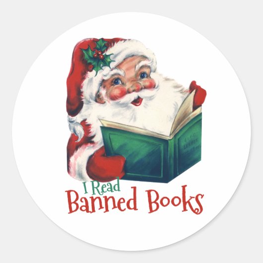 Kerstman leest verboden boeken ronde sticker (Voorkant)