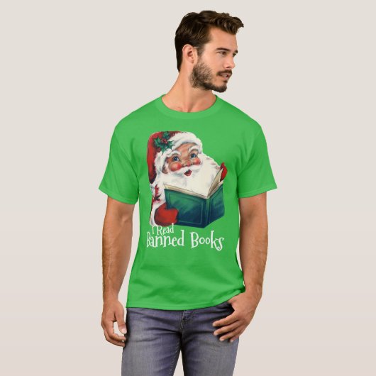Kerstman leest verboden boeken t-shirt (Voorkant volledig)