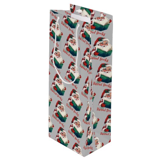 Kerstman leest verboden boeken wijn cadeautas (Voorkant Gekanteld)