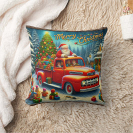 Kerstman levert cadeaus in een besneeuwd winterwon kussen