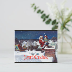 Kerstman levert een lading boeken af, briefkaart