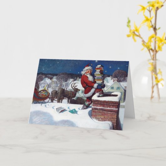 Kerstman levert een lading boeken af kaart (Gele Bloem)