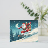 Kerstman levert kerstcadeaus op een snowboard feestdagenkaart (Staand voorkant)