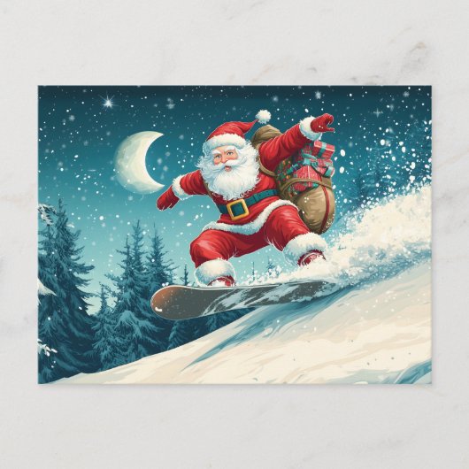 Kerstman levert kerstcadeaus op een snowboard feestdagenkaart (Voorkant)