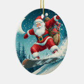 Kerstman levert kerstcadeaus op een snowboard keramisch ornament (Rechts)