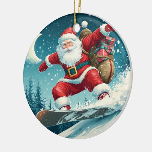 Kerstman levert kerstcadeaus op een snowboard keramisch ornament (Links)
