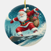 Kerstman levert kerstcadeaus op een snowboard keramisch ornament (Achterkant)