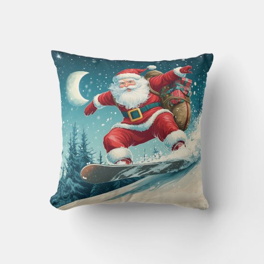 Kerstman levert kerstcadeaus op een snowboard kussen (Voorkant)