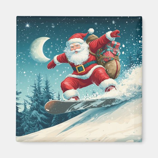 Kerstman levert kerstcadeaus op een snowboard magneet (Voorkant)