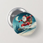 Kerstman levert kerstcadeaus op een snowboard ronde button 5,7 cm (Voorkant /achterkant)