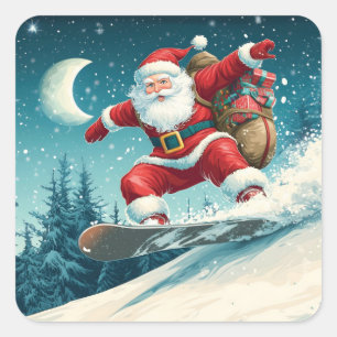 Kerstman levert kerstcadeaus op een snowboard vierkante sticker