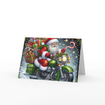 Kerstman levert pakketten af op groene motorfiets