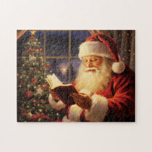 Kerstman lezen bij de kerstboom legpuzzel
