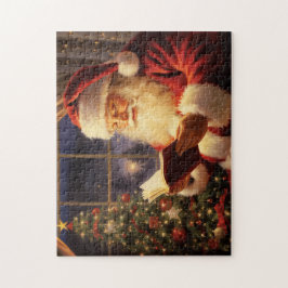 Kerstman lezen bij de kerstboom legpuzzel