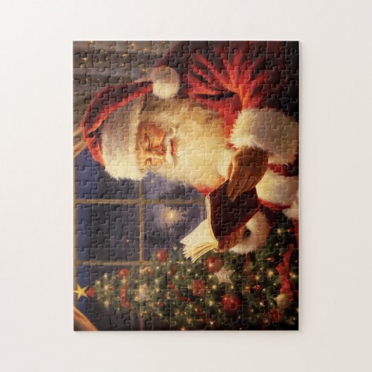 Kerstman lezen bij de kerstboom legpuzzel (Verticaal)