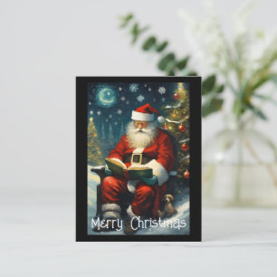 Kerstman lezen boek kerstboom briefkaart