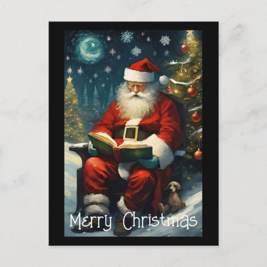 Kerstman lezen boek kerstboom briefkaart (Voorkant)
