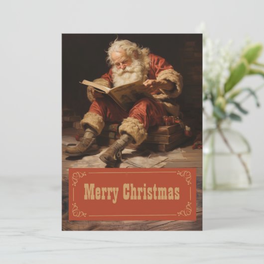 Kerstman lezen van het boek Schilderkunst Feestdagenkaart (Staand voorkant)