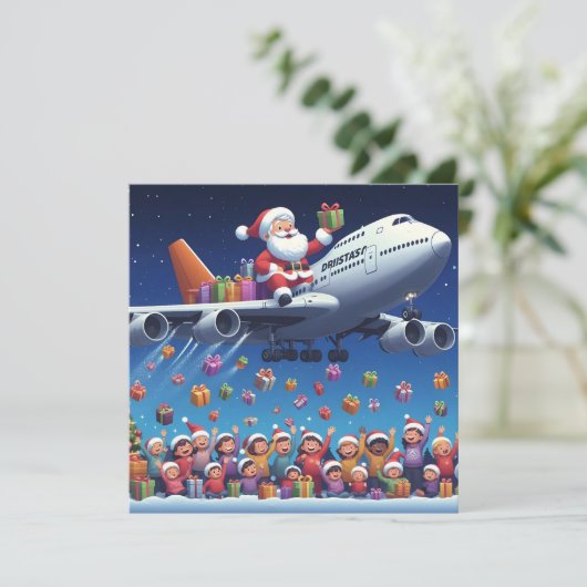 Kerstman lifting een rit op jumbo jet flat card (Staand voorkant)