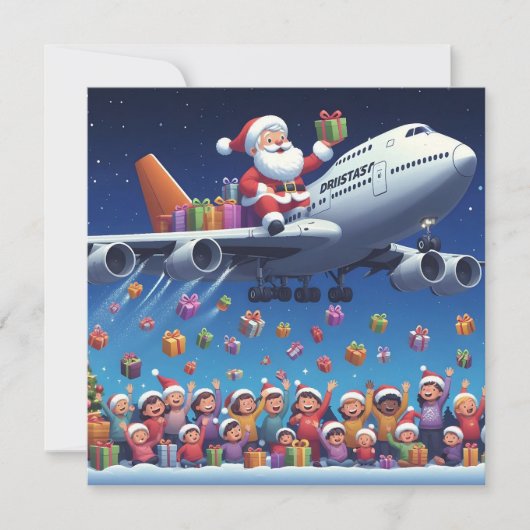 Kerstman lifting een rit op jumbo jet flat card (Voorkant)