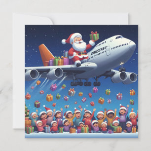 Kerstman lifting een rit op jumbo jet flat card