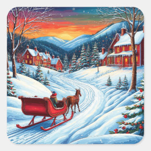 Kerstman loopt door sneeuw Kerstcadeaus Vierkante Sticker