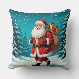 Kerstman loopt vrolijk in een besneeuwde winter kussen
