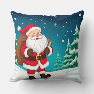 Kerstman loopt vrolijk in een besneeuwde winter kussen