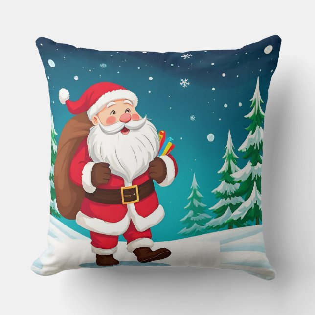 Kerstman loopt vrolijk in een besneeuwde winter kussen (Voorkant)