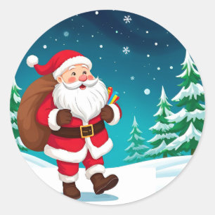Kerstman loopt vrolijk in een besneeuwde winter ronde sticker