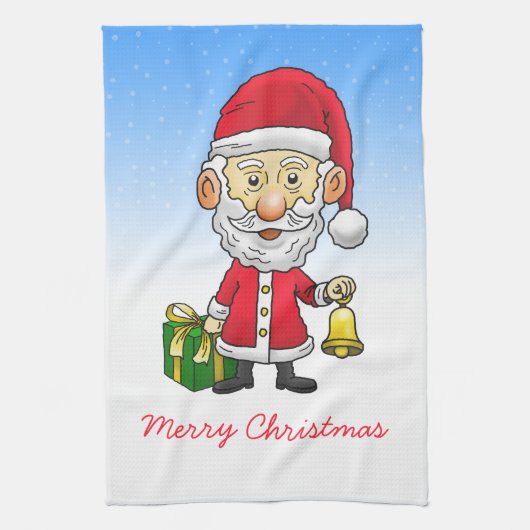 Kerstman luidt de bel op kerstavond theedoek (Verticaal)
