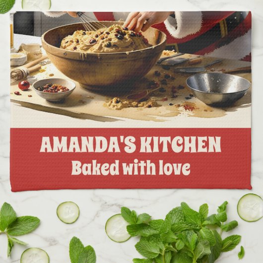 Kerstman maakt fruitcake gepersonaliseerde kerst theedoek (Gevouwen)