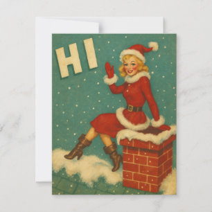 Kerstman meisje op dak Vintage Kerstmis Feestdagenkaart