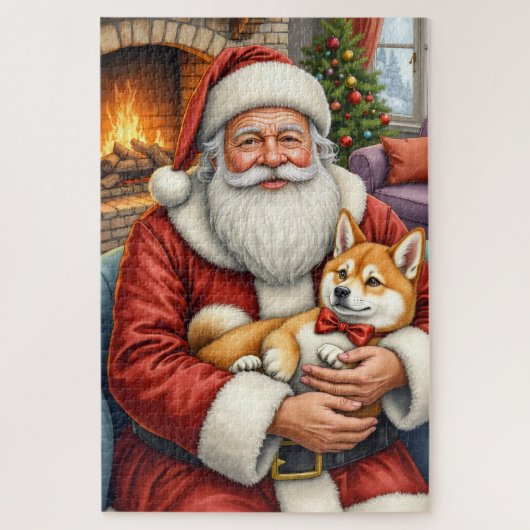 Kerstman met Akita Kerst Kunst Legpuzzel (Verticaal)