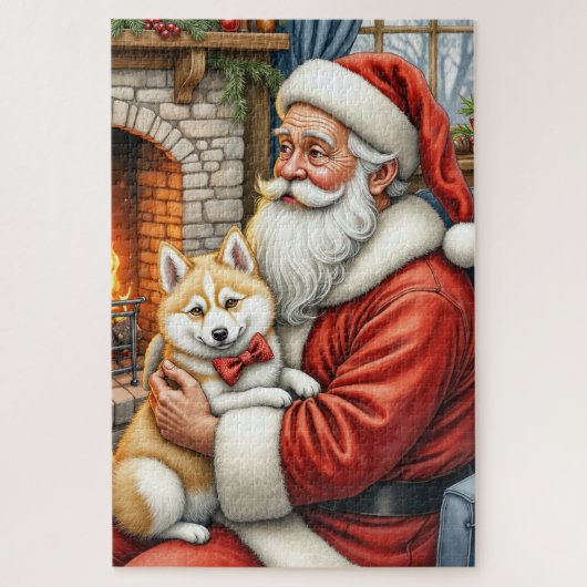 Kerstman met Amerikaanse Eskimo Kerstkunst Legpuzzel (Verticaal)