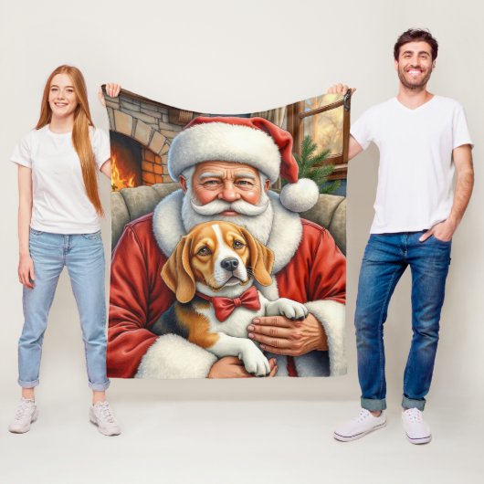 Kerstman met Beagle Kerst Kunst Fleece Deken (In situ)