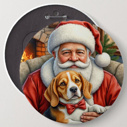 Kerstman met Beagle Kerst Kunst Ronde Button 6,0 Cm (Voorkant /achterkant)