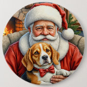 Kerstman met Beagle Kerst Kunst Ronde Button 6,0 Cm (Voorkant)