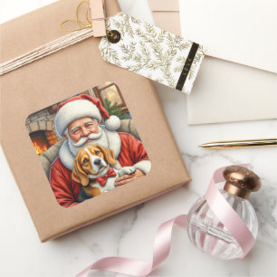 Kerstman met Beagle Kerst Kunst Vierkante Sticker